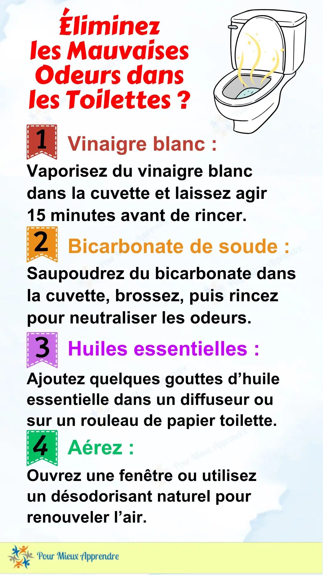 Illustration des étapes pour éliminer les mauvaises odeurs dans les toilettes avec du vinaigre blanc, du bicarbonate, et des huiles essentielles