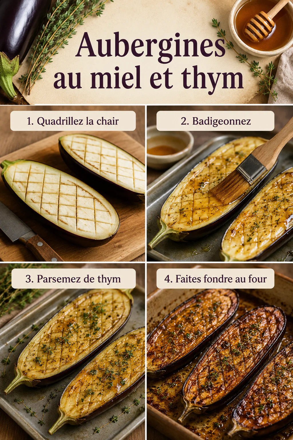 Aubergines fondantes au miel et au thym 2