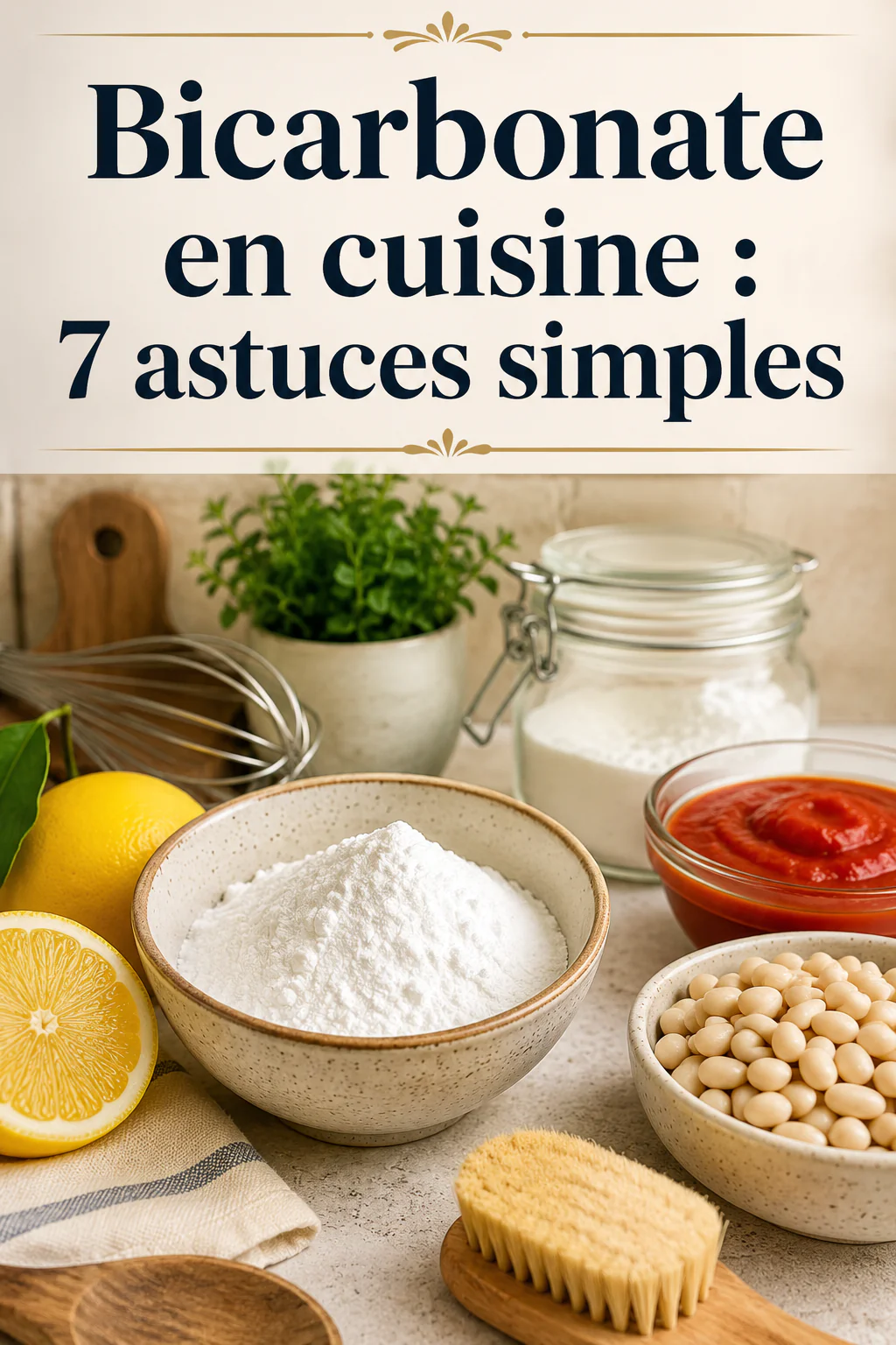 Image titre Pinterest sur les astuces simples avec le bicarbonate en cuisine