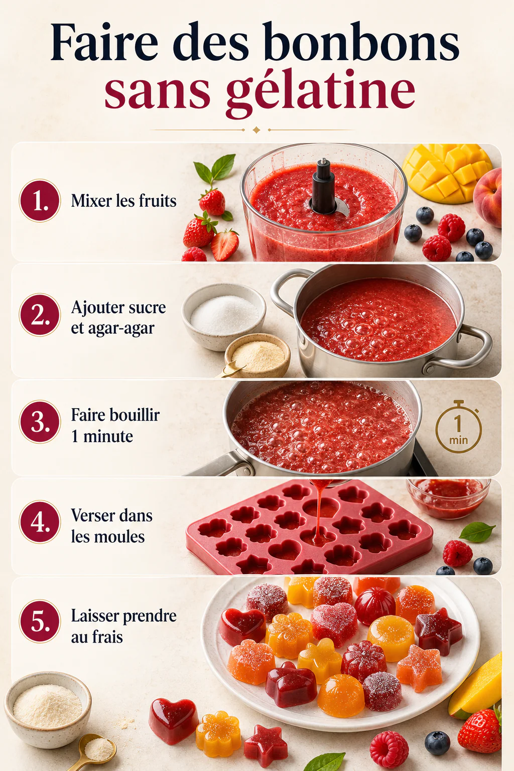 Infographic met de stappen om snoepjes te maken zonder gelatine