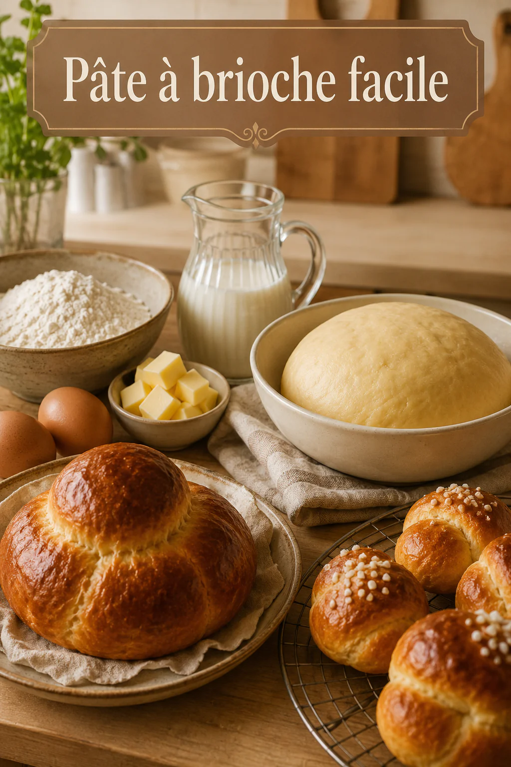 Visuel Pinterest avec le titre Pâte à brioche facile et des ingrédients de brioche maison