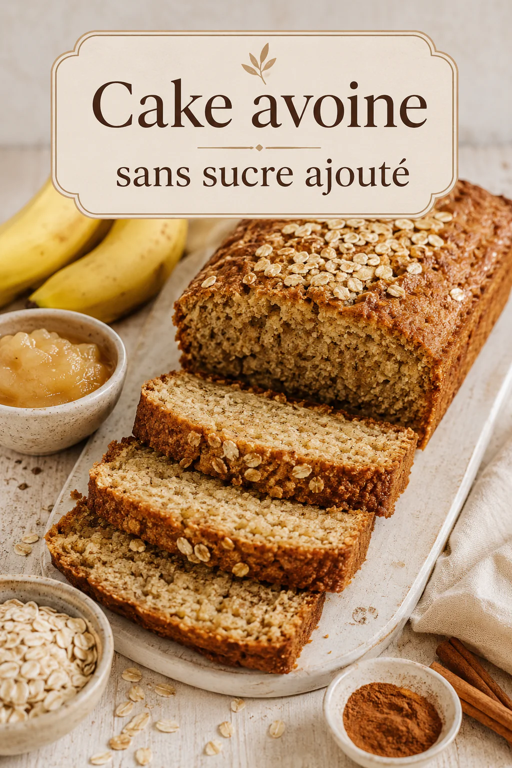 Visuel Pinterest avec le titre Cake avoine sans sucre ajouté