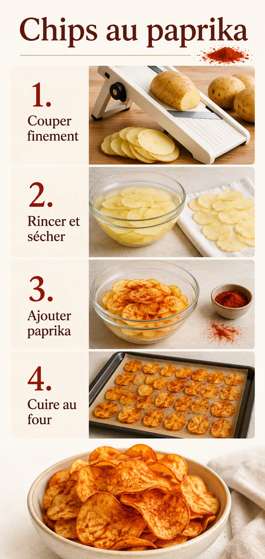 Infographie des étapes pour préparer des chips de pommes de terre au paprika