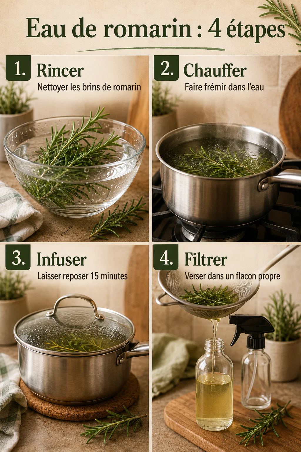 Infographie des étapes pour préparer une eau de romarin maison