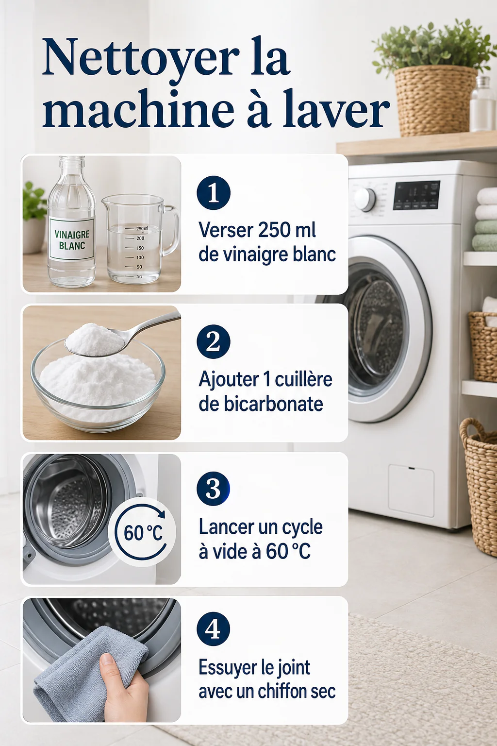 Infographie pour entretenir une machine à laver avec vinaigre blanc et bicarbonate