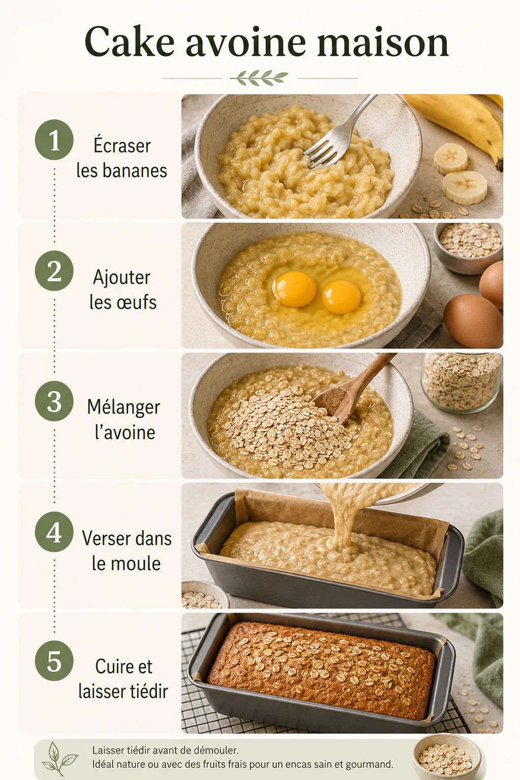 Infographie des étapes pour préparer un cake avoine maison