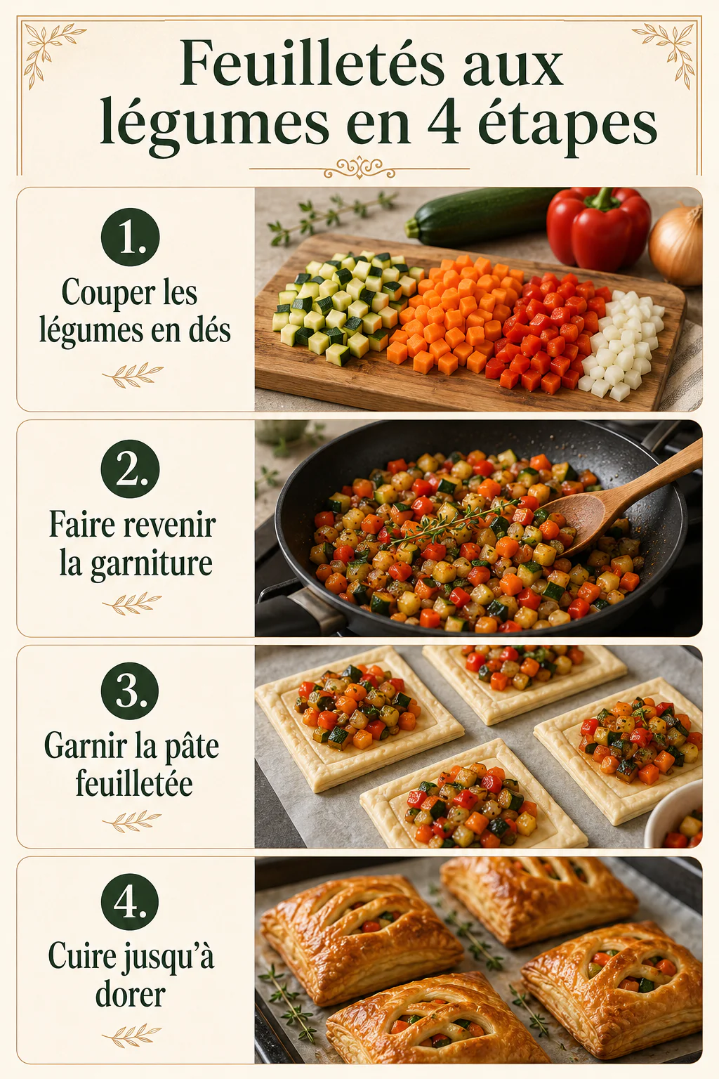 Infographie des étapes pour préparer des feuilletés croustillants aux légumes
