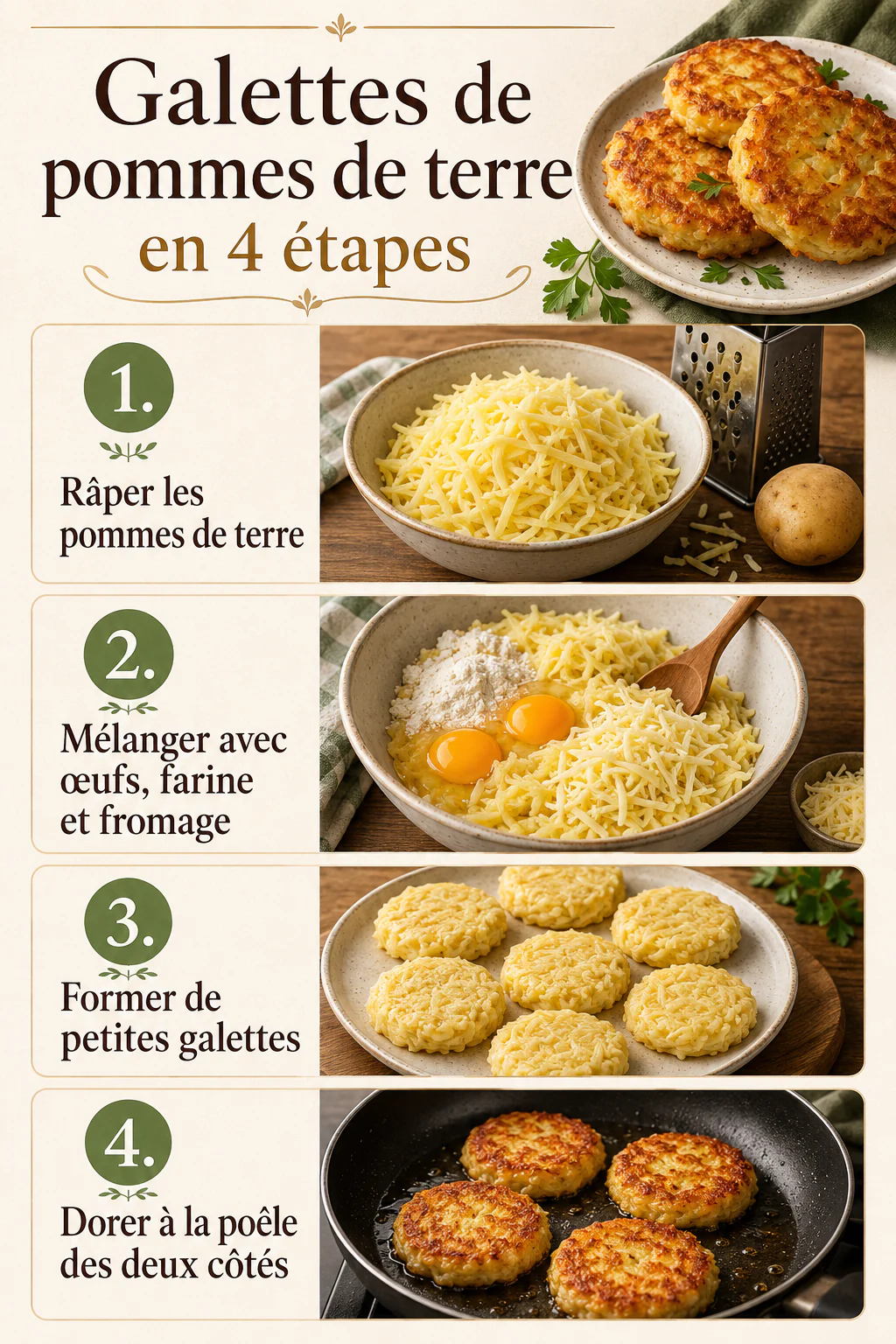 Infographie des étapes pour préparer des galettes de pommes de terre croustillantes