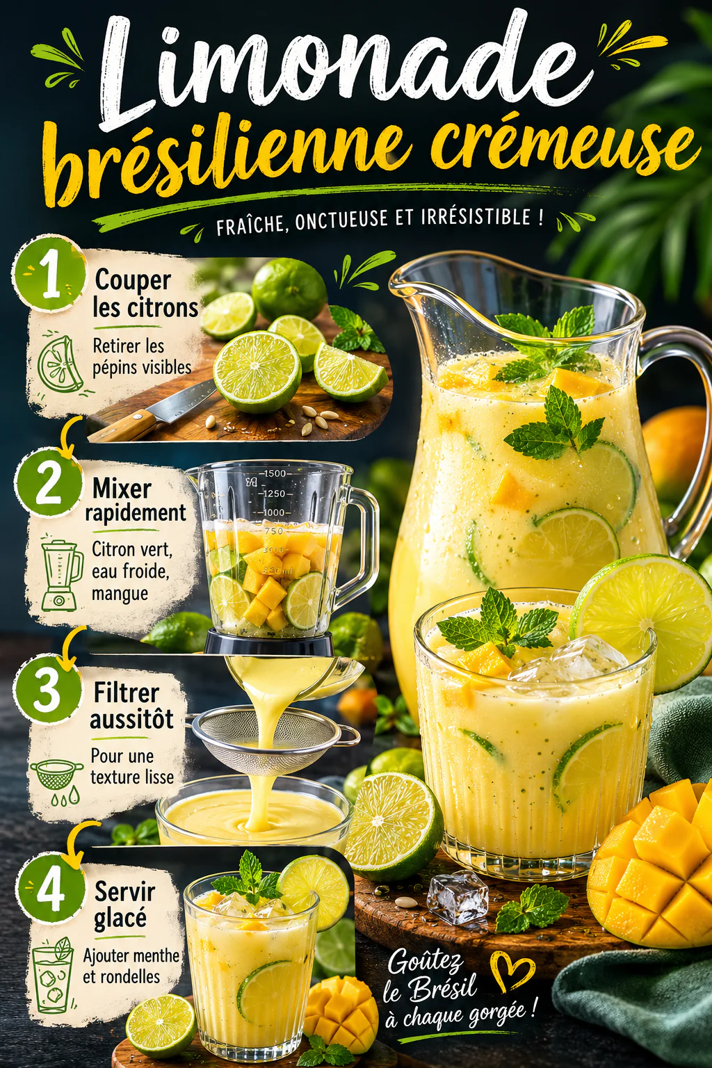 Infographie des étapes pour préparer une limonade brésilienne crémeuse