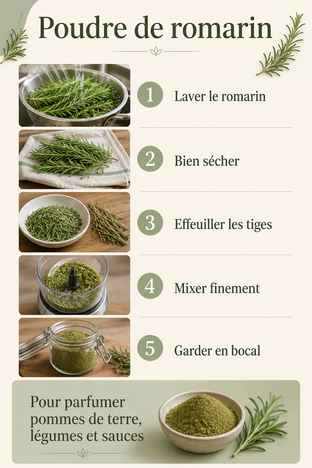 Infographie des étapes pour faire de la poudre de romarin maison