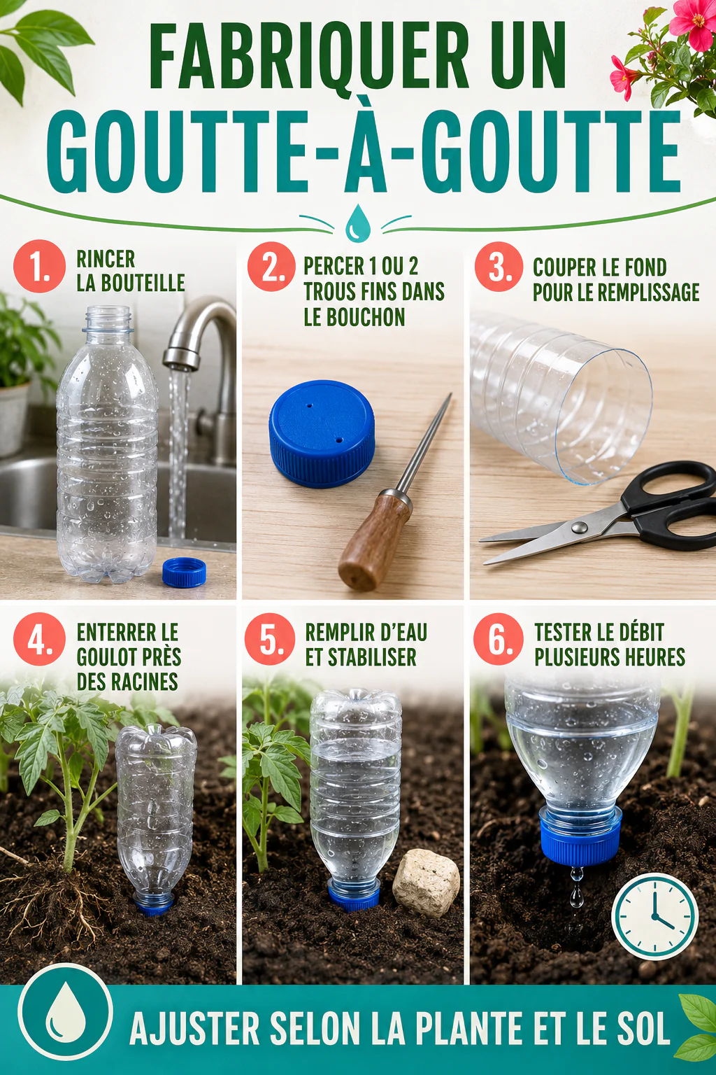 Infographie des six étapes pour fabriquer un goutte-à-goutte avec une bouteille