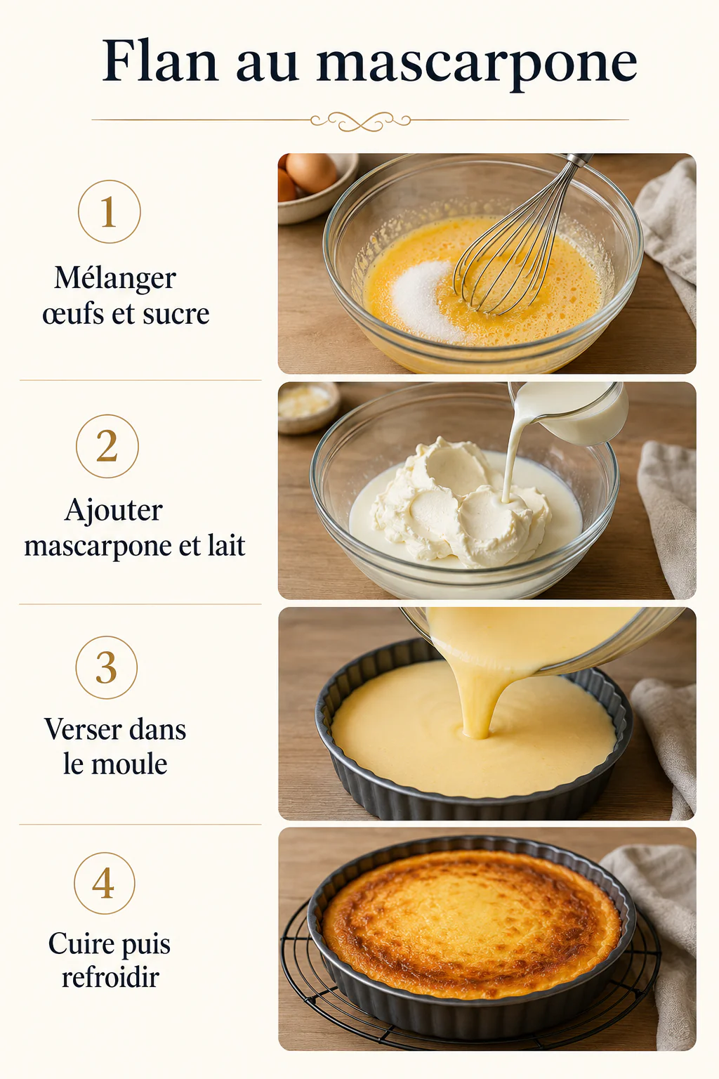 Infographie des étapes pour préparer un flan au mascarpone