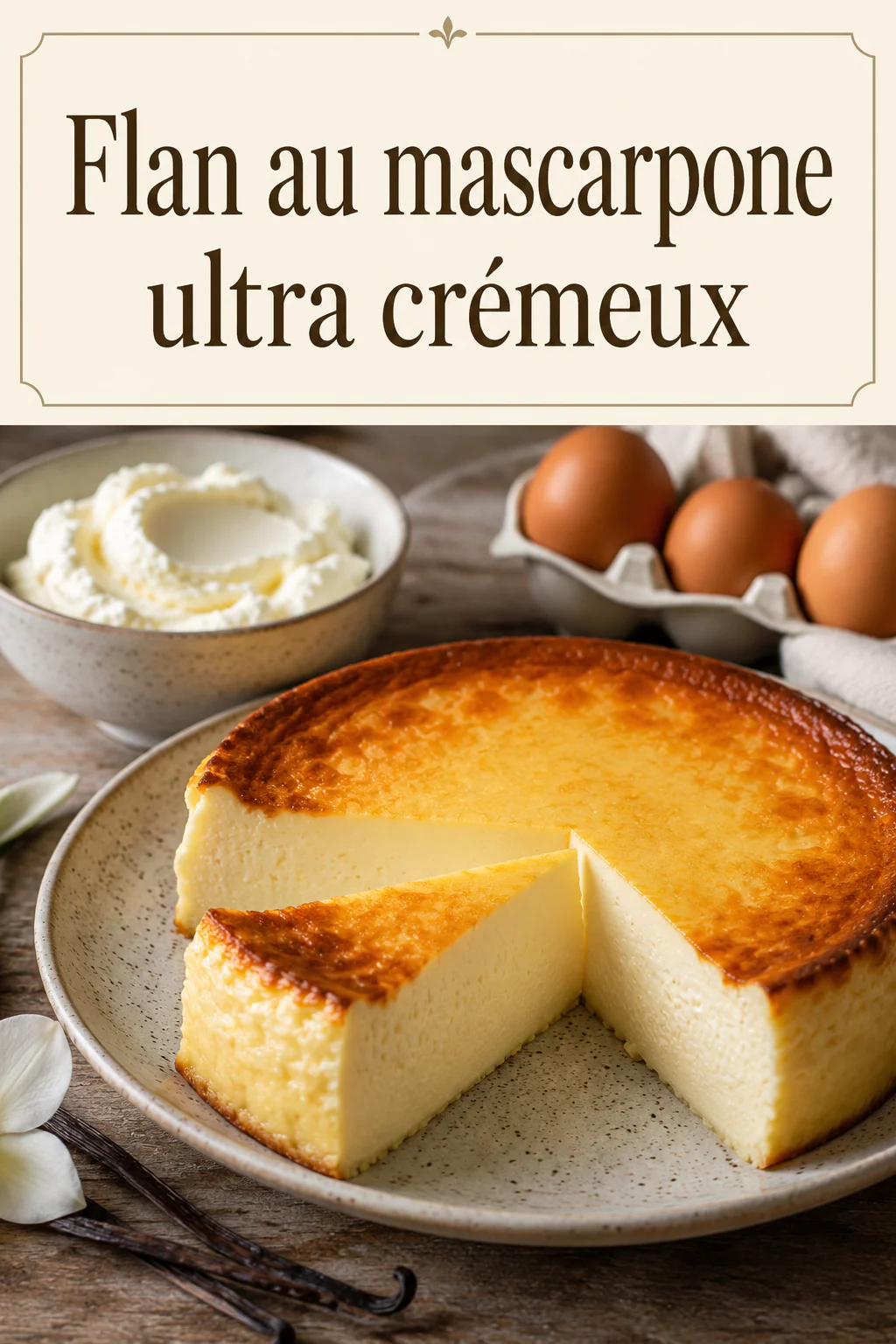 Visuel Pinterest avec le titre Flan au mascarpone ultra crémeux