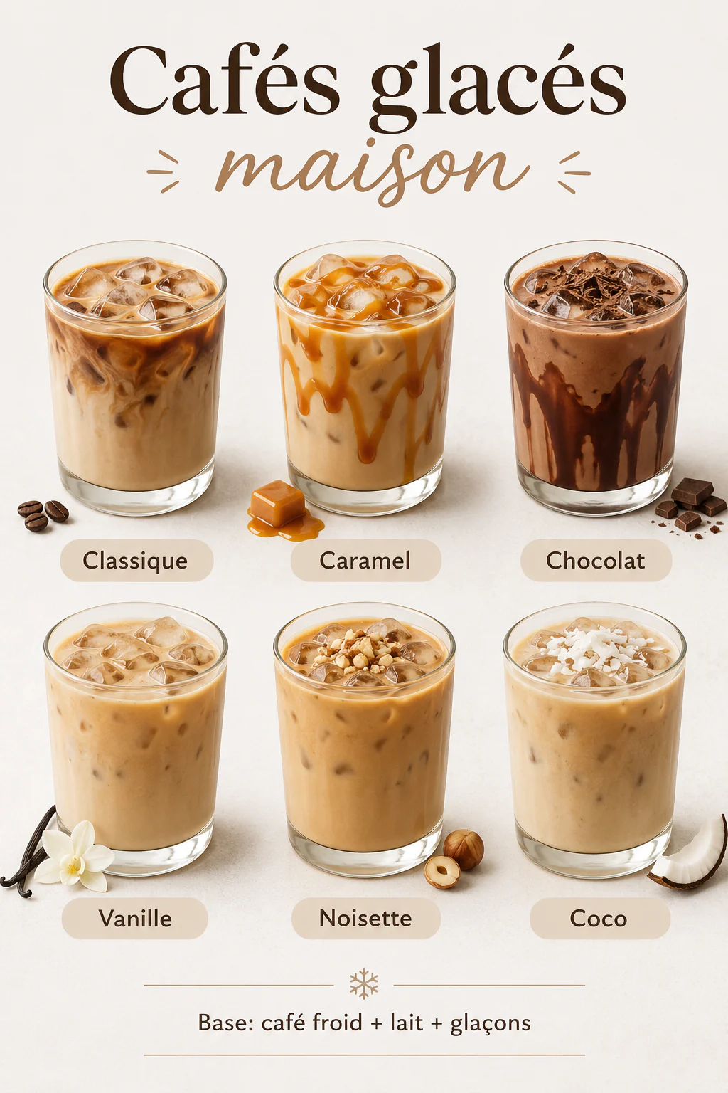 Infographie avec six idées de cafés glacés maison: classique, caramel, chocolat, vanille, noisette et coco