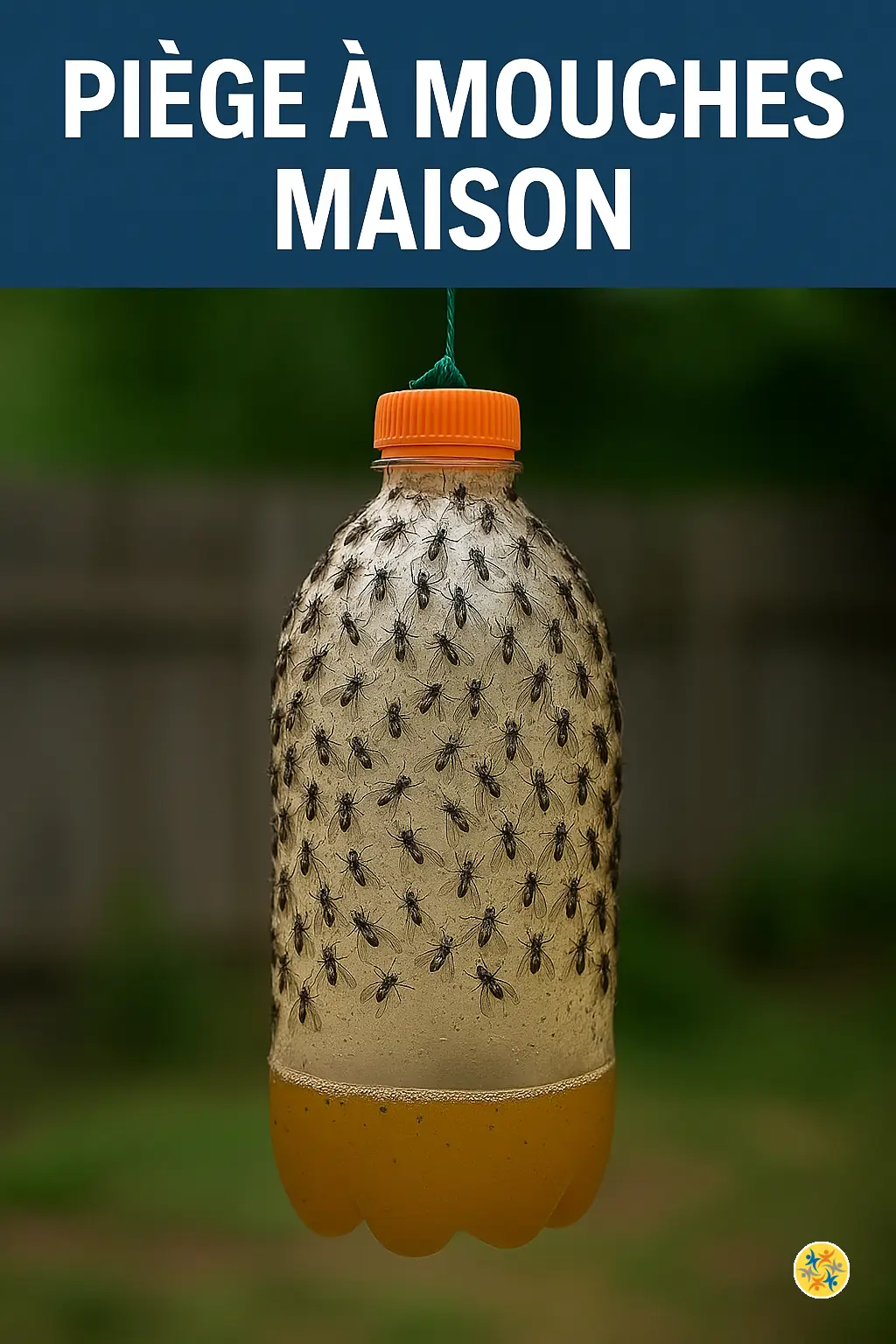 Piège à mouches maison suspendu, fabriqué avec une bouteille en plastique, rempli d’un liquide sucré et recouvert de colle avec de nombreuses mouches collées sur la surface.
