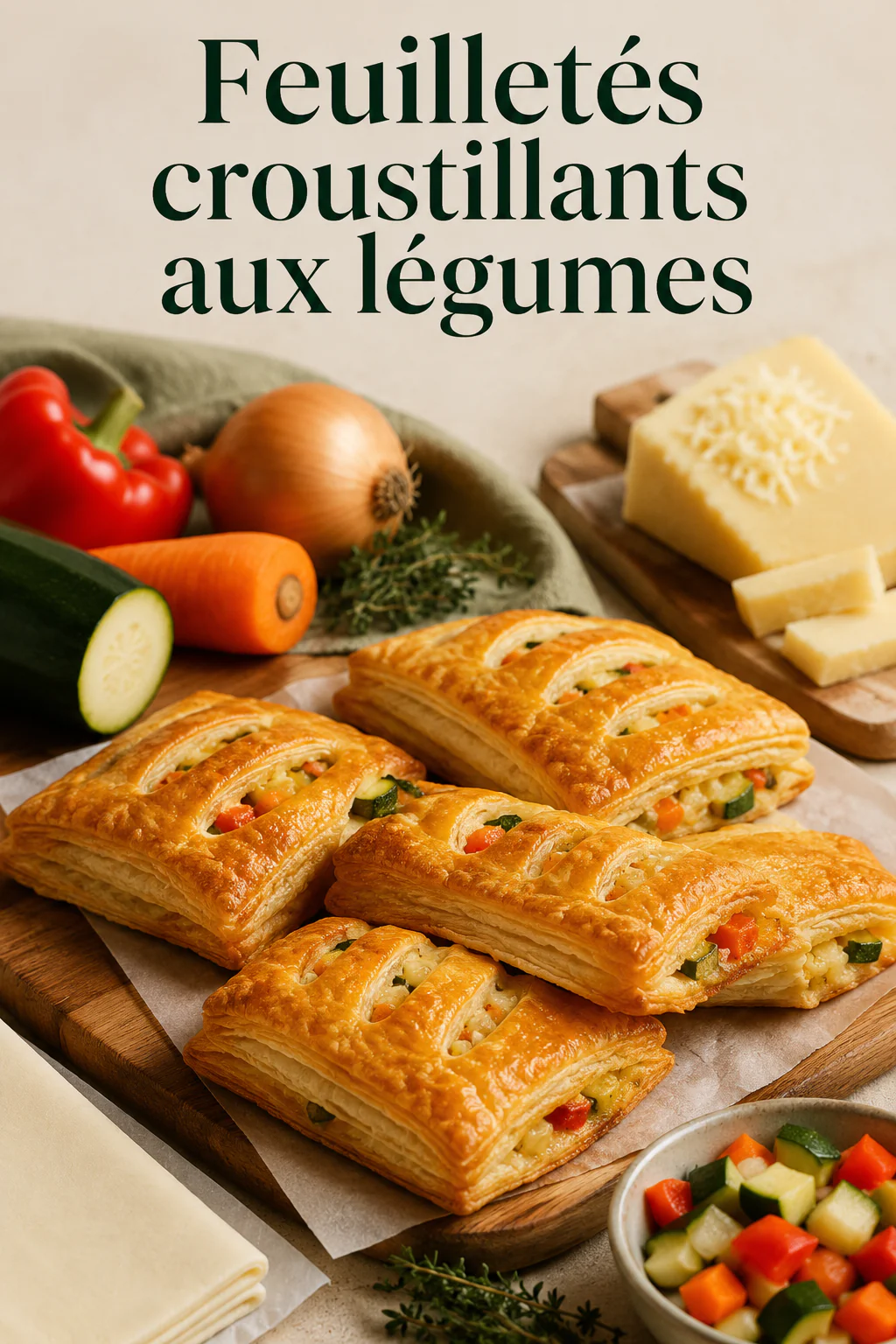 Visuel titre pour une recette de feuilletés croustillants aux légumes