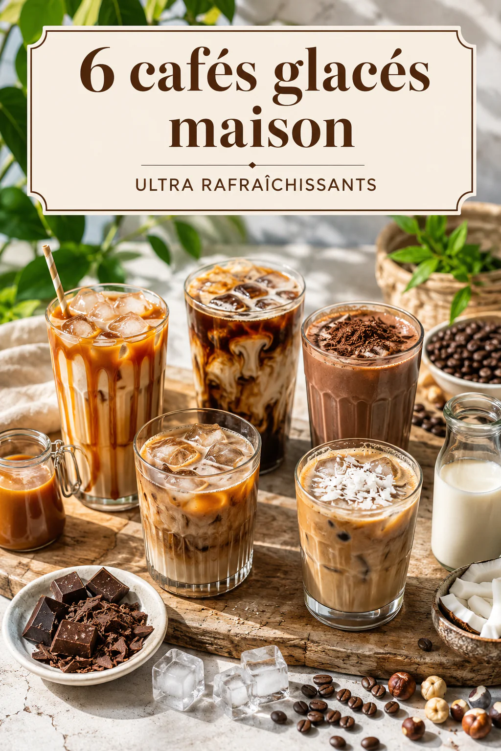 Visuel Pinterest avec le titre 6 cafés glacés maison ultra rafraîchissants