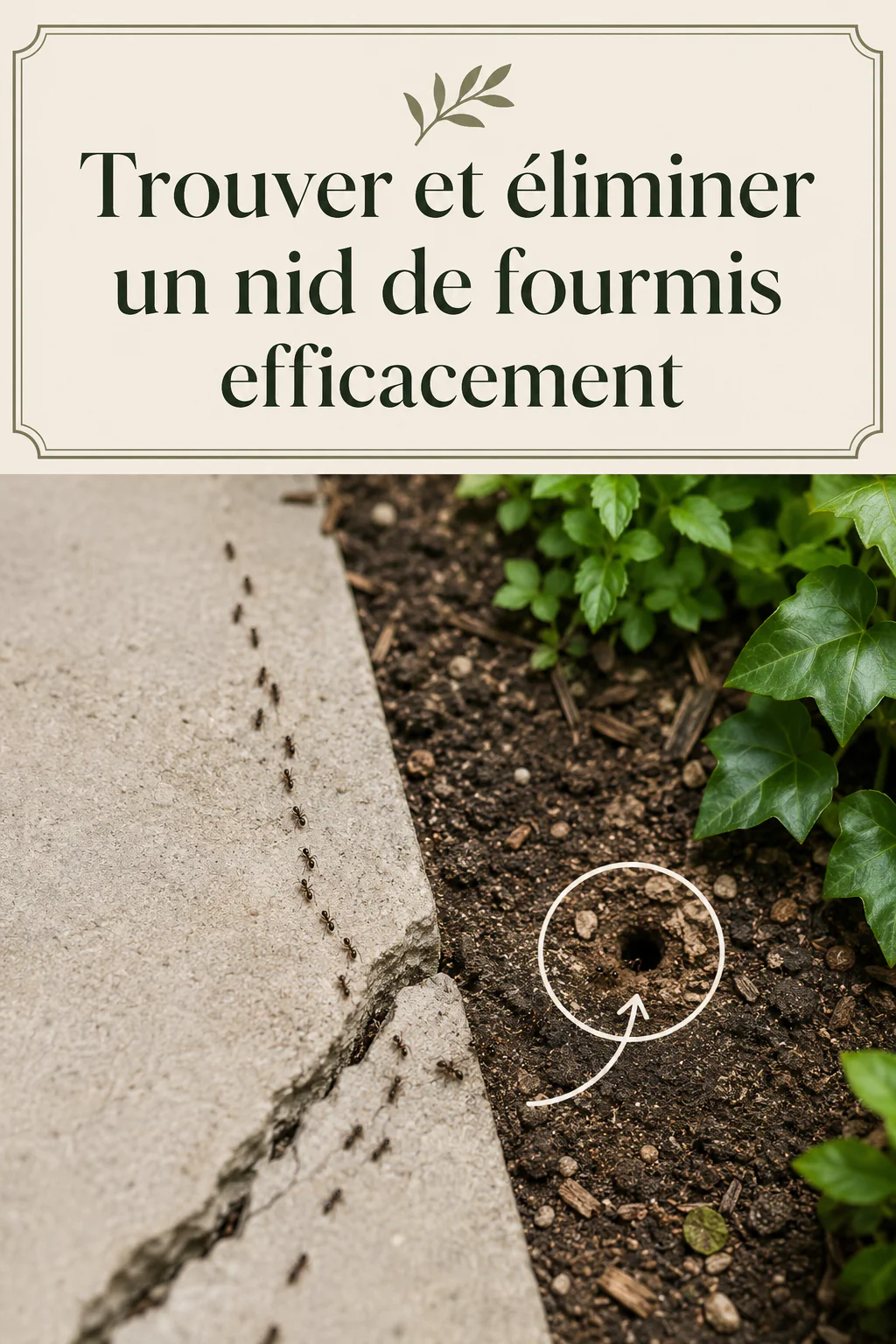 Pinterest-afbeelding waarop een rij mieren te zien is die zich naar een ingang voor behandeling begeven.